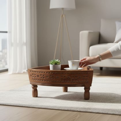 Wooden Carved Chakki Table | Antique Coffee Table for Home Decor