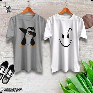 Poly Blend Grey,White Short Sleeves Printed Tshirts (Pack of 2)