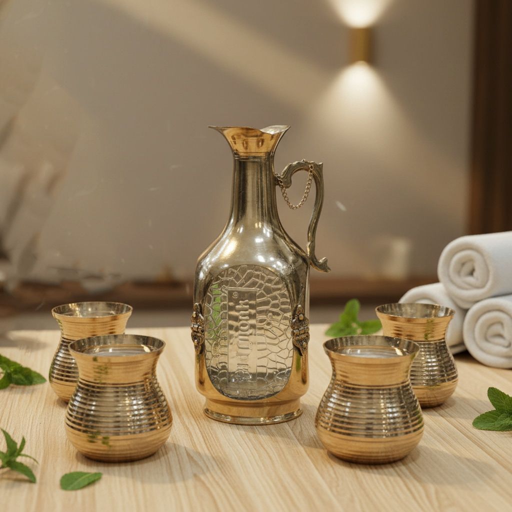 Brass Vintage Jug with Glass Set | Luxury Gifting Item, Height : 9.5 Inch (BMAS309 B)