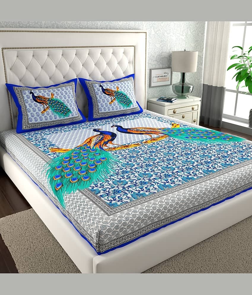 ABHACLOTHO Cotton 1 Double Bedsheet with 2 Pillow Covers ( Blue )