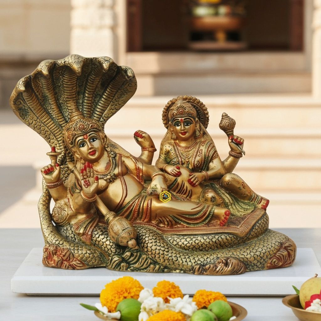 Brass Vishnu & Laxmi Ji Statue - Traditional Hindu God Idol, Height : 9.5 Inch (BSMAS842 F)