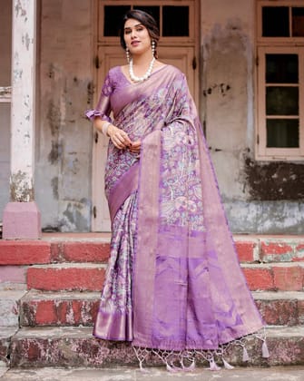 Lavender Banarasi Silk Saree with Intricate Zari Weaving, Tassel Accents, and Designer Floral Pallu-Regular