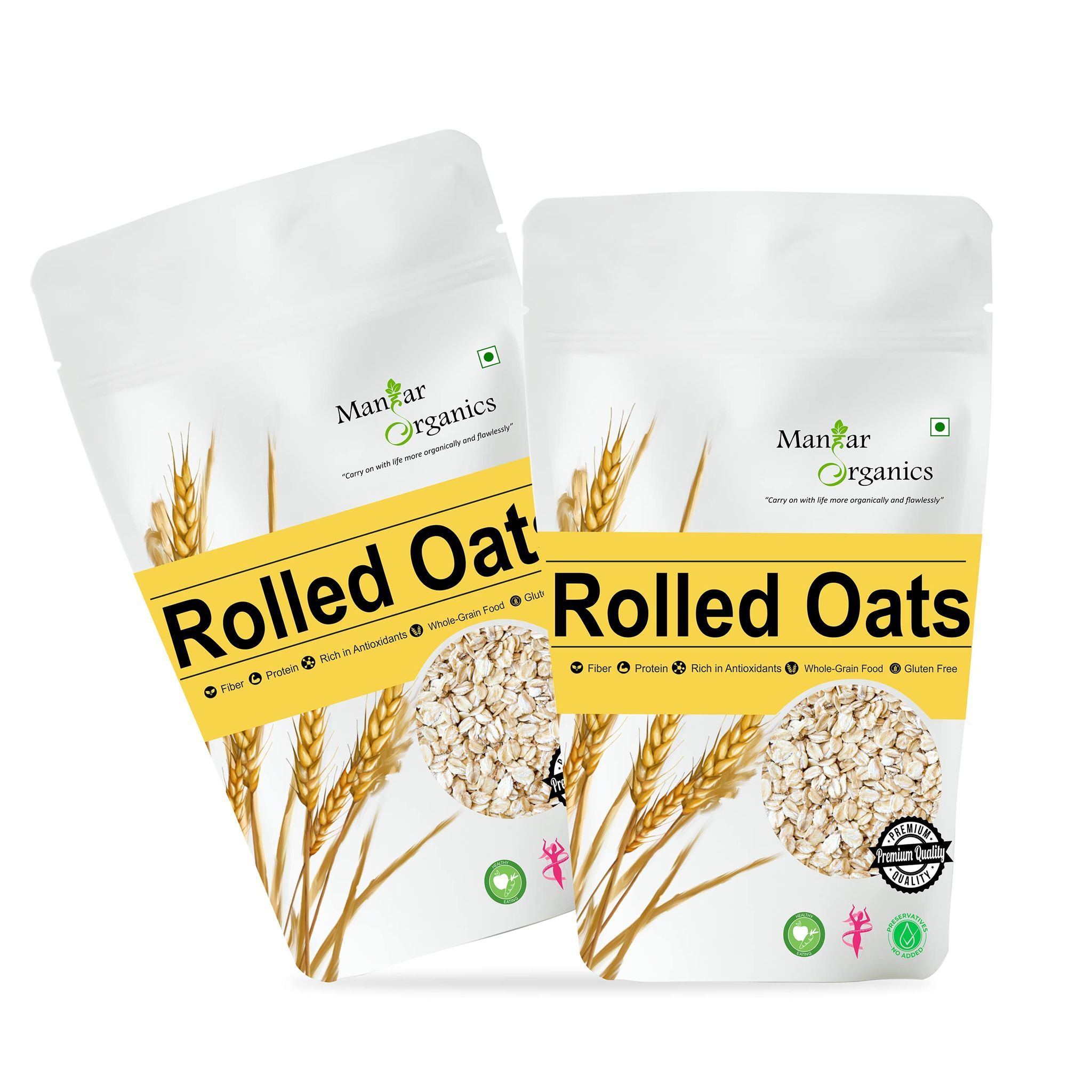 ManHar Organics Fiber rich Rolled Oats 2kg- |Gluten-Free| Weight Management| Diet Food (Pack of 2, 1kg each)