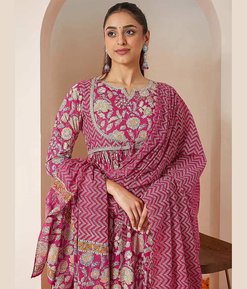 Janasya Women Cotton Printed A-line Kurti With Pants ( Pink )