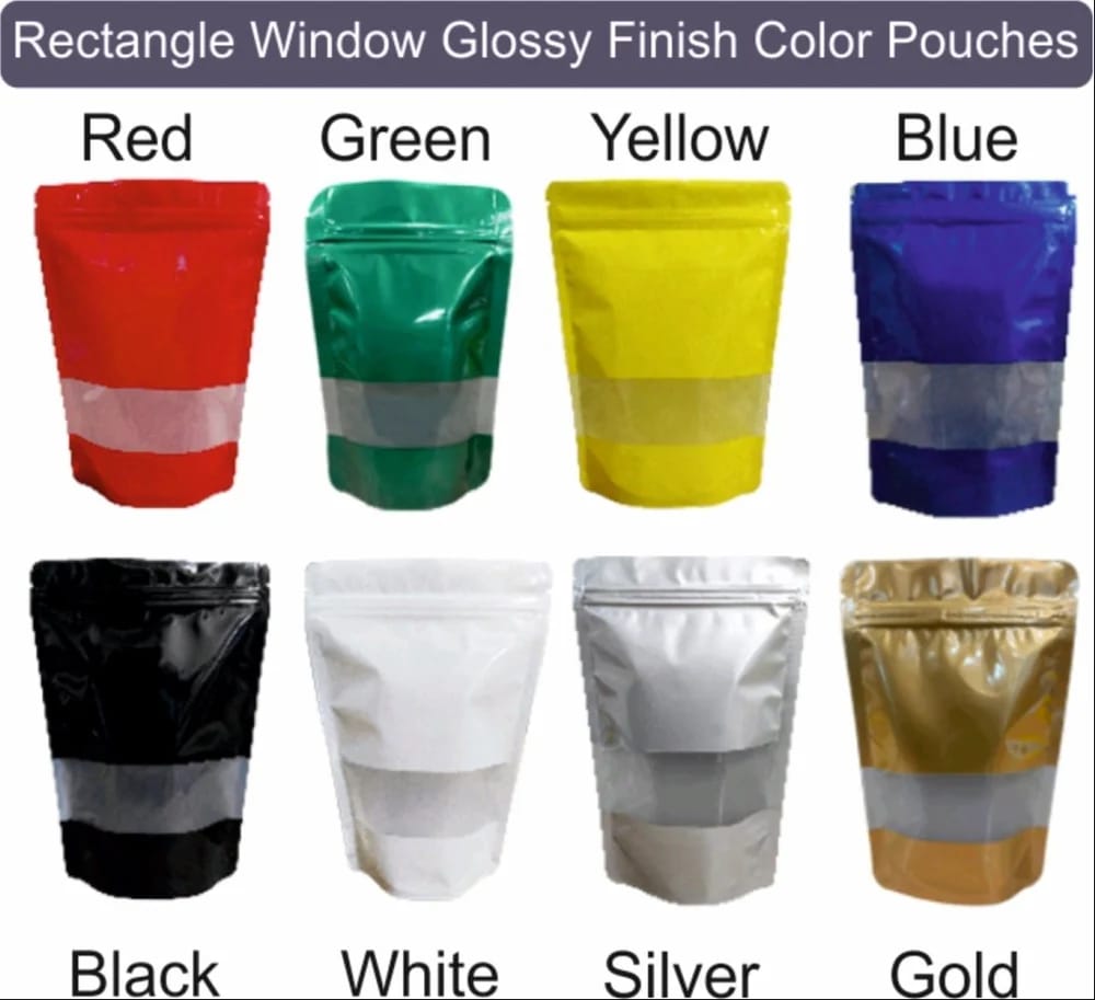 Colored Glossy Pouches With Rectangle Or Oval Window Standup Pouches 205x300x50x50MM  800 G Capacity 500 pieces