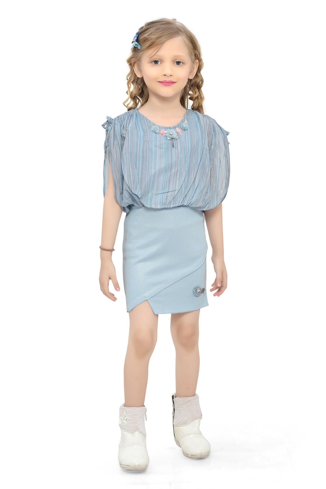 Be:Kids Sky Blue Puff Sleeve Asymmetrical Dress with Floral Accents for Girls
