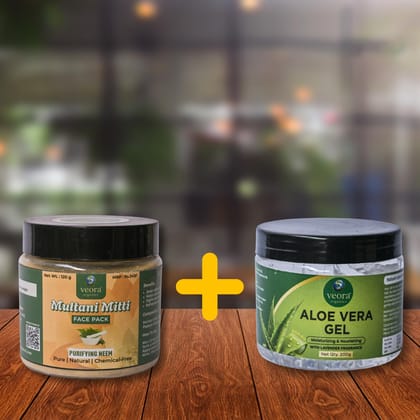 Veora Organics Neem Multani Mitti Face Pack & Aloe Vera Gel Combo | Purifying Deep Cleansing Face Mask with Hydrating Aloe Vera Gel | Acne Care, Oil Control & Skin Nourishing | Natural Chemical-Free Skincare | 120g + 200g