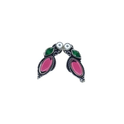 Silver Lookalike Earrings with Pink, Green Gemstones and Pearls