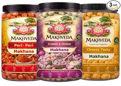 MAKHVEDA - Superfood Fire and Fun Combo Makhana Roasted Fox Nuts Popped Lotus Seeds Healthy Snack Low Calorie High Protein Gluten Free Crunchy & Delicious Flavours Peri Peri Cheese Cream & Onion Roasted In Olive Oil