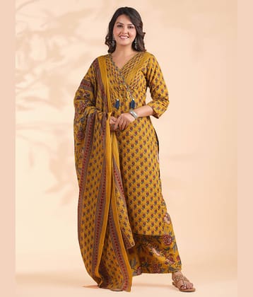 Vbuyz Cotton Printed Kurti With Palazzo Women's Stitched Salwar Suit - Mustard ( Pack of 1 )