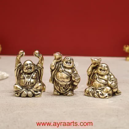 Pure Brass Pital Laughing Buddha Figurines Very Lucky Happy Buddha Statues Set of 3 - 2.5 inch Height Pure Brass Pital Laughing Buddha Figurines Very Lucky Happy Buddha Statues Set of 3 - 2.5 inch Height