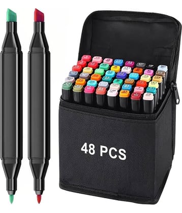 Dual Tip Art Markers Set, Non-Toxic Art Supplies With Carry Case Set Colour Broad Drawing Sketching and Colouring pens (Art Markers 48 pcs)