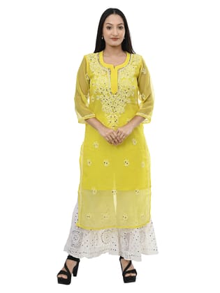 MRS RIGHT CHIKANKARI MIRROR EMBROIDERED YELLOW KURTI