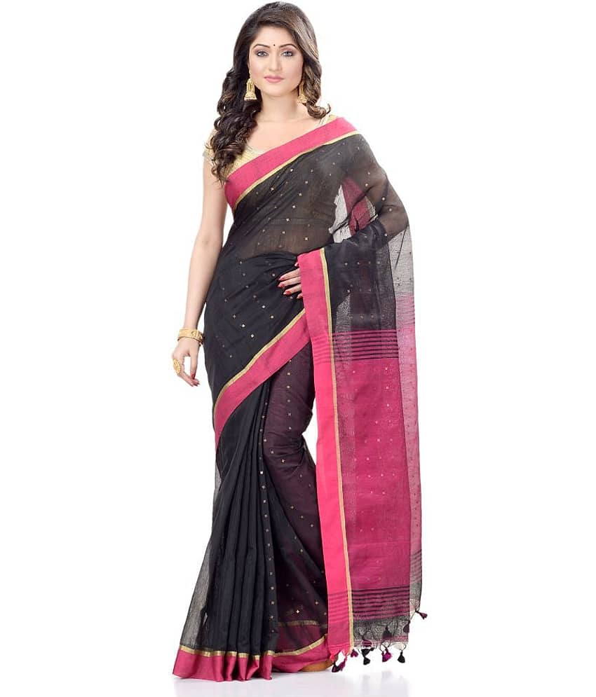 Desh Bidesh Cotton Self Design Saree With Unstitched Blouse Piece ( Black )