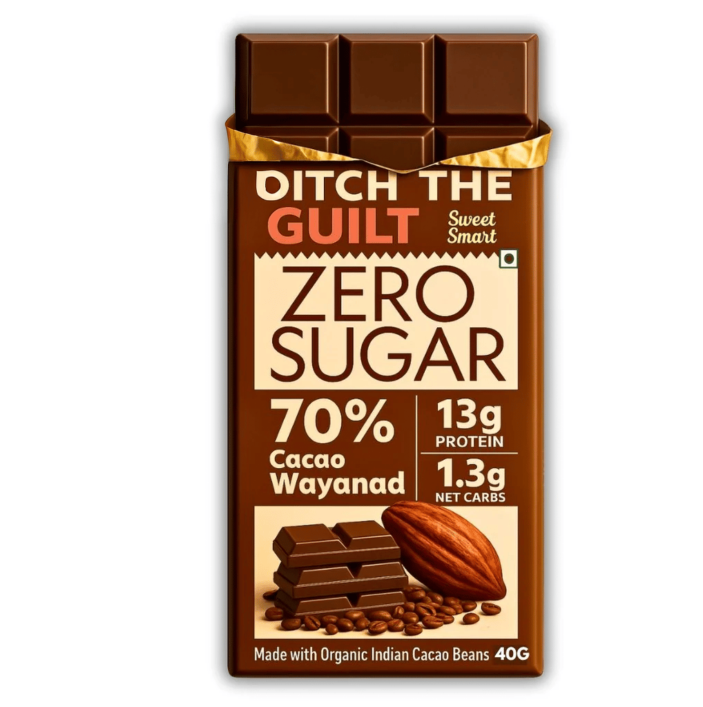 70% Wayanad Indian Cacao • 13g Protein • Sugar Free Dark Chocolate • 40g bar