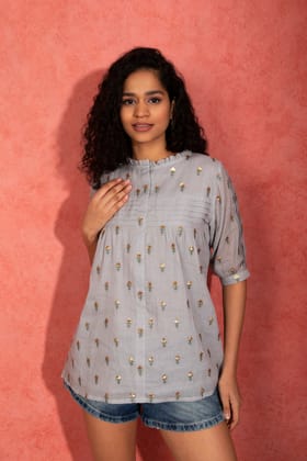 Grey mul top with sequence and thread work motif-M