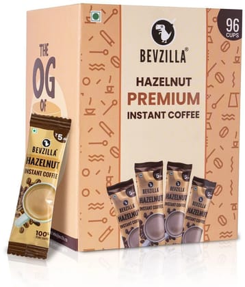 Bevzilla 96 Instant Coffee Powder Sachets (Hazelnut) - 192 Grams| Hot & Cold Coffee| Makes 96 Cups| 100 % Arabica | Premium