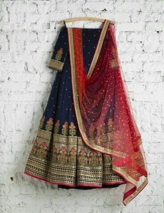 Awesome Wedding Wear Dark Blue Color Embroidered Semi Stitched Lahenga Choli