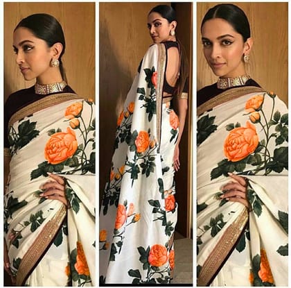 Orange Flowered Printed Party Wear Georgette Saree