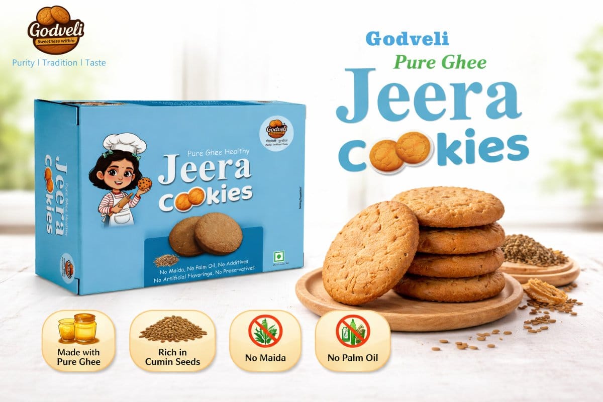 Godveli Pure Ghee Jeera Cookies (200g) | Made with Pure Ghee & Cumin Seeds | Healthy Tea-Time Snack