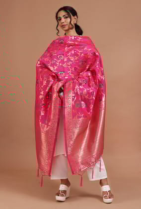 Pink Color Semi Silk Dupatta With Zari Weaving