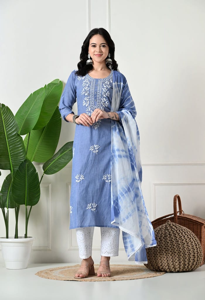 "Hand Embroidered Chikankari & Cut Dana Work Denim Cotton Kurta Set with Tie-Dye Dupatta "