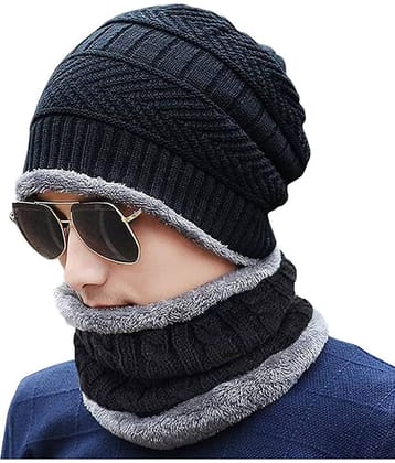 PENYAN Men's Black Woolen Cap with Neck Muffler/Neckwarmer