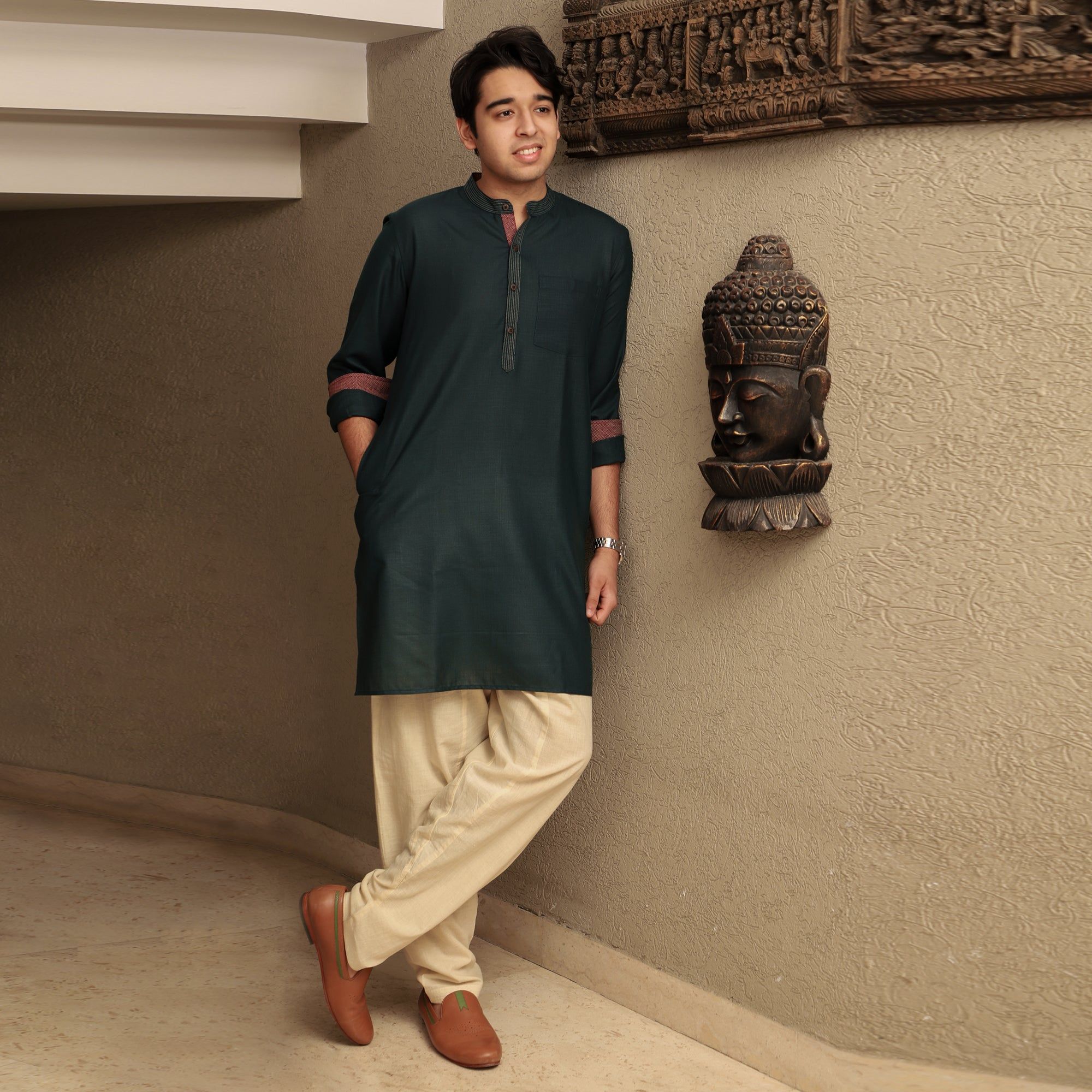 green men's band collar cotton blend kurta-XS