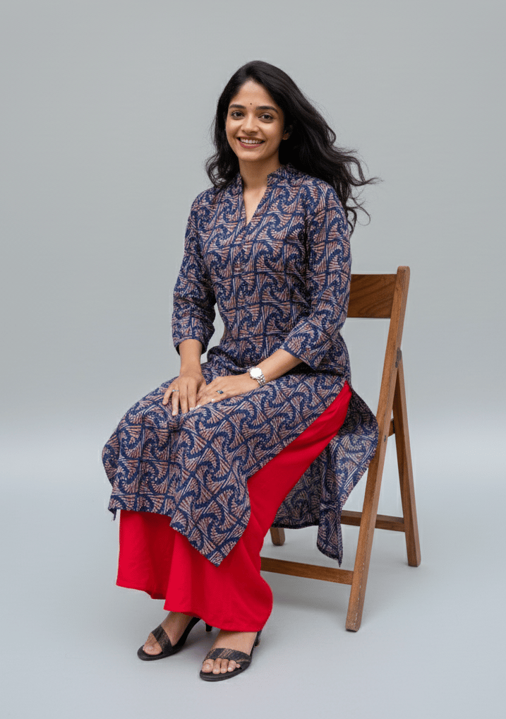 Rivaaj Ethnic Rutvi Straight Kurta (Size M) | Blue Pure Cotton with V-Neck & Collar | Casual Office Wear | 3/4 Sleeves