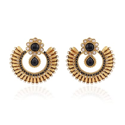 Traditional Gold-Plated Chandbali Earrings with Black Stones and Pearl Accents