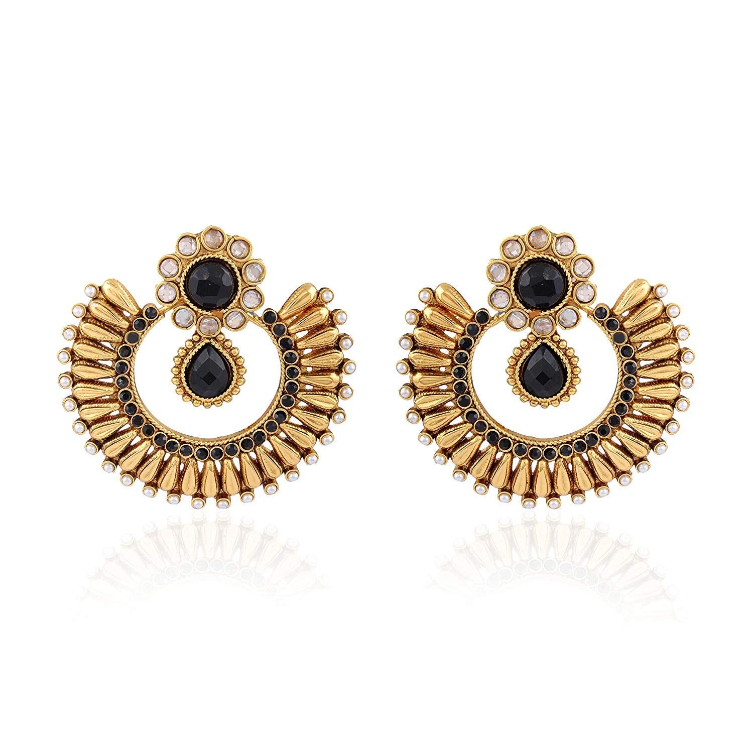 Traditional Gold-Plated Chandbali Earrings with Black Stones and Pearl Accents