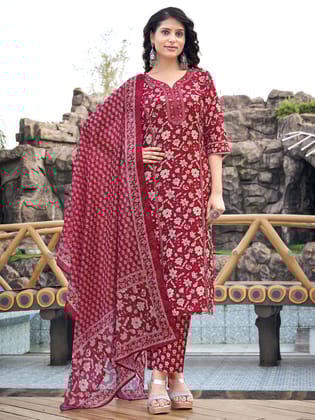 Pink Printed Straight V-Neck Kurta Set-S