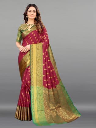 Yavira silk Women's Red Handwoven Silk Blend Saree