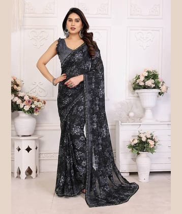 TTH Georgette Printed Regular Saree With Unstitched Blouse Piece ( Black )