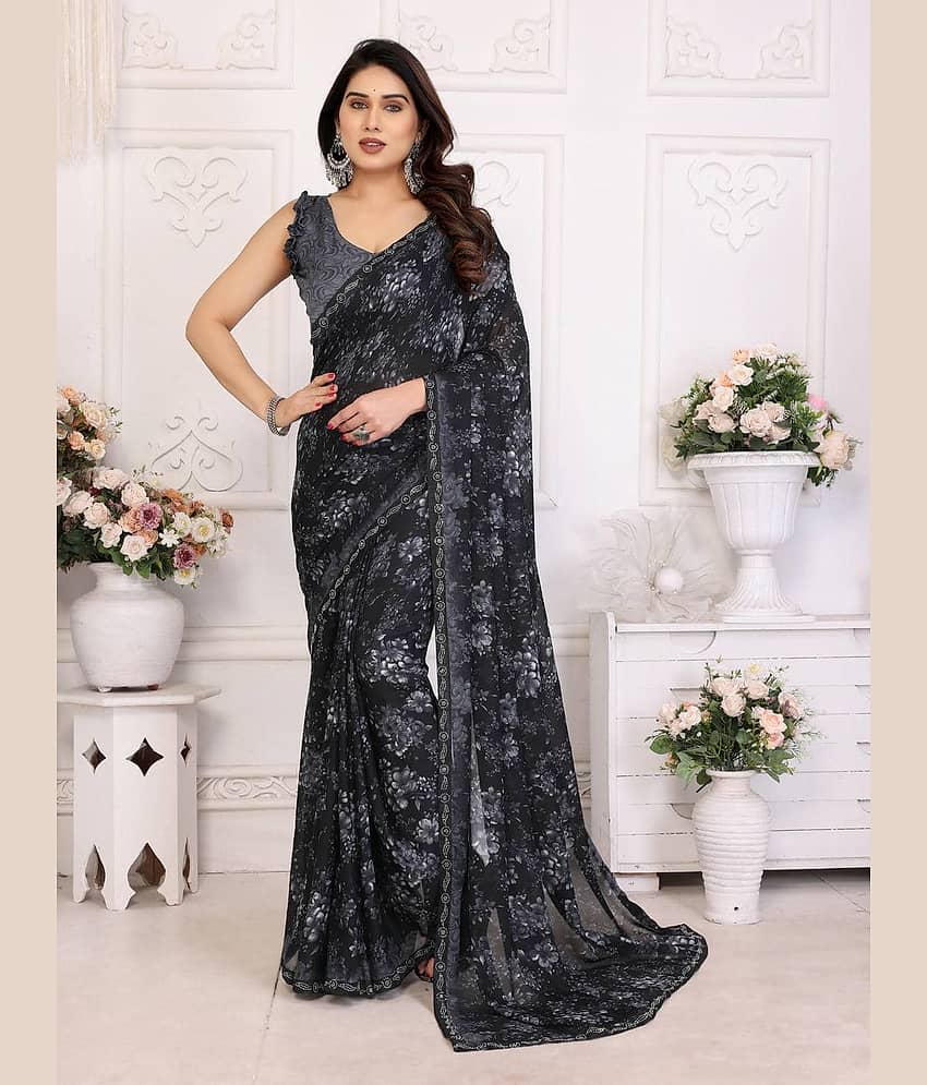 TTH Georgette Printed Regular Saree With Unstitched Blouse Piece ( Black )