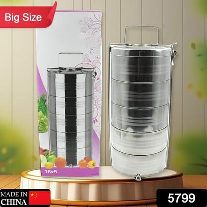 5 Compartment Lunch Box (Stainless Steel): Round Tiffin, Leakproof (16x5")
