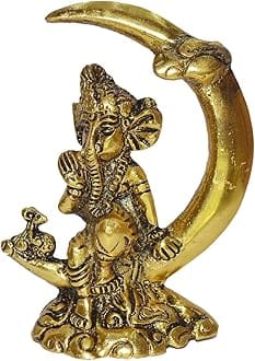 REAL SEED Brass Ganesha Statue, Ganesh Sitting on Moon Sculpture | Size- Height- 11.3 CMS x Width- 9.3 CMS