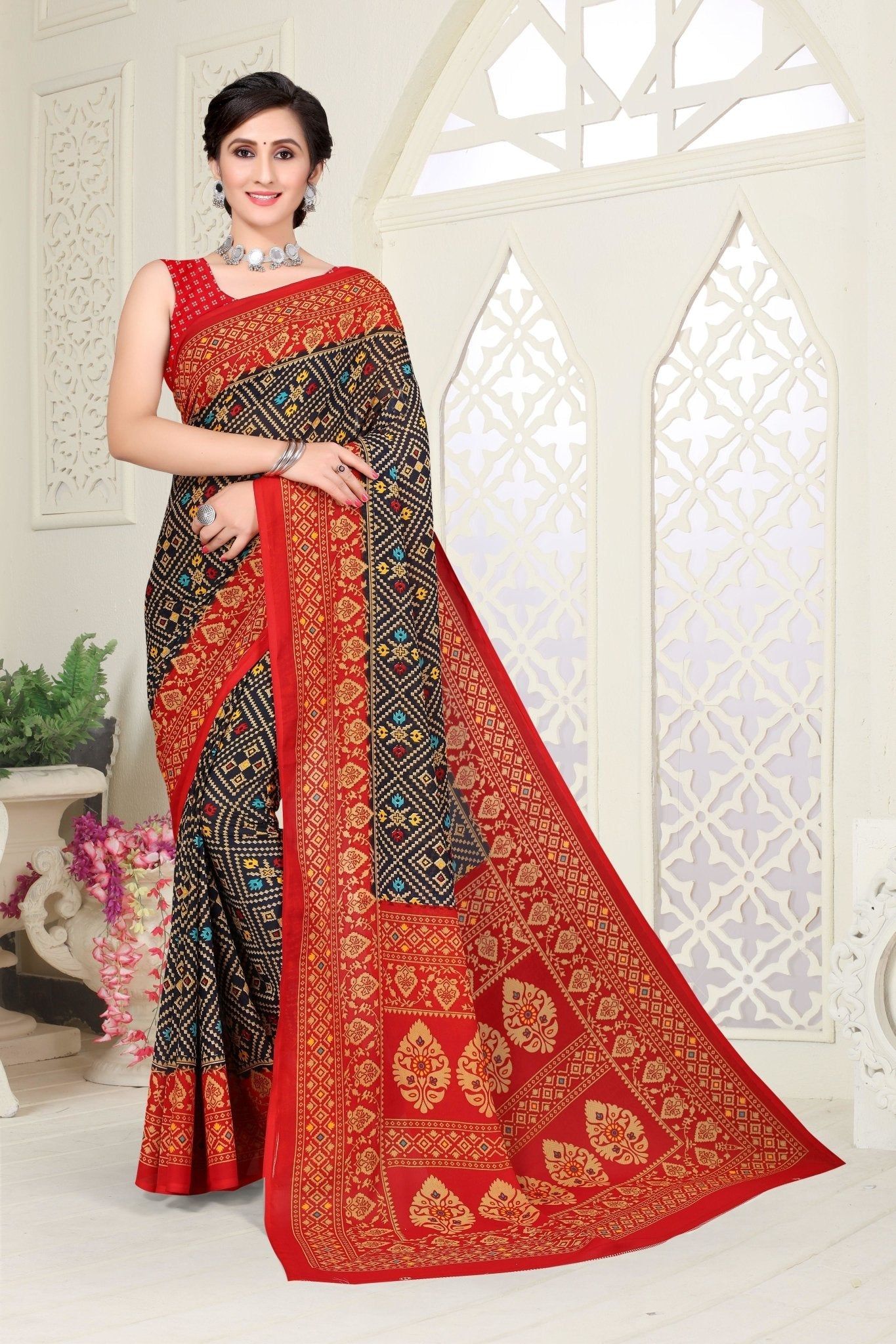 TheHangr Beautiful Rajasthani Print Saree With Blouse Piece -  Red