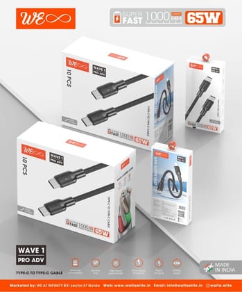 Walta Elite Wave 1 Pro Advance Braided Type C to Type C Cable, Tangle free, Compatible with all Type C device, Fast Charge- Black