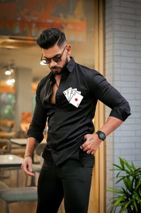 Black Club Wear Cards Printed Satin Cotton Shirt Black Club Wear Cards Printed Satin Cotton Shirt