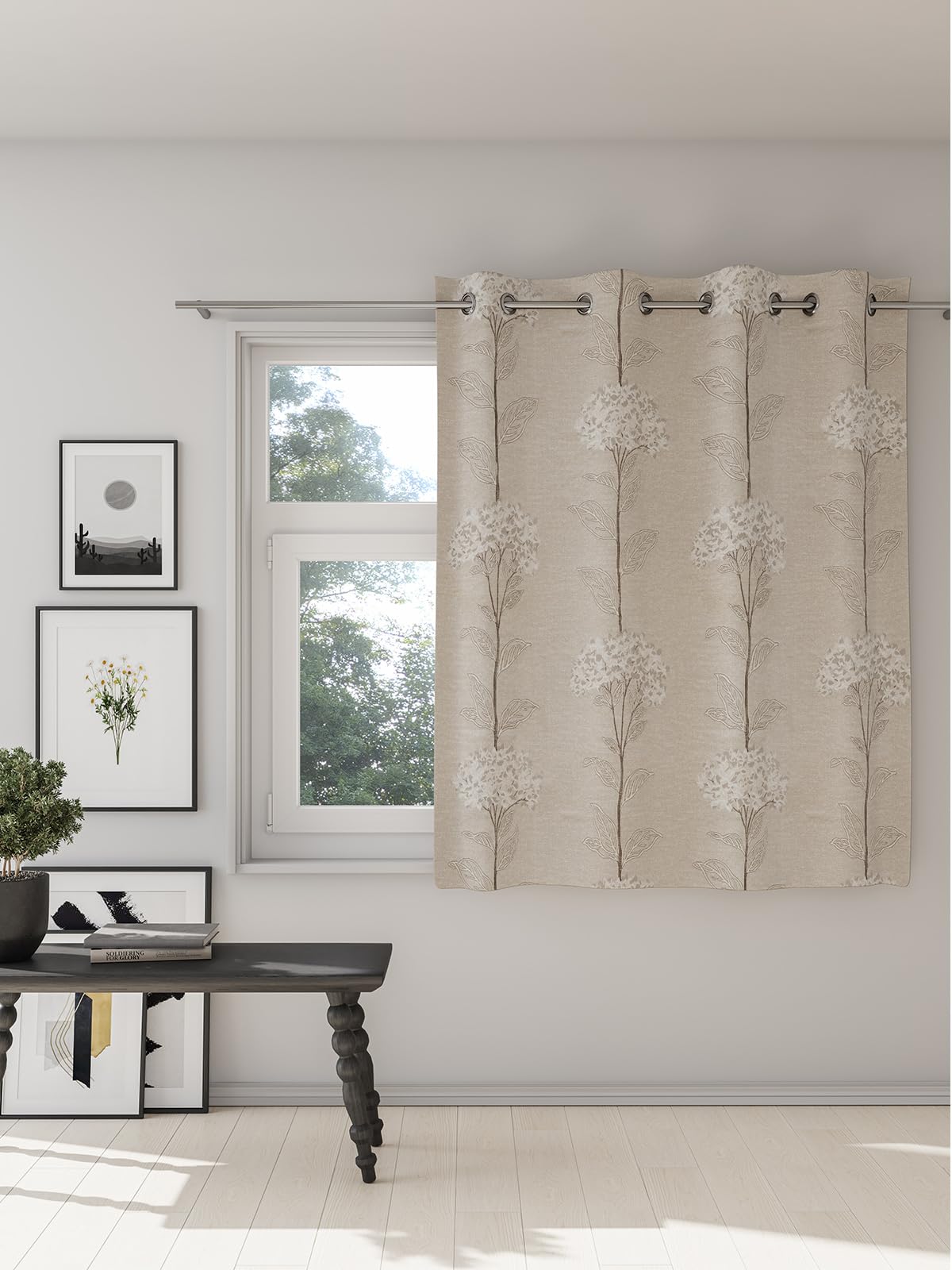 Ddecor Curtain Pack of 1, Polyster Jacquard Floral Curtain, Window 5 Ft, Eleanor, Room Darkening |135 CM X 160 CM, Beige