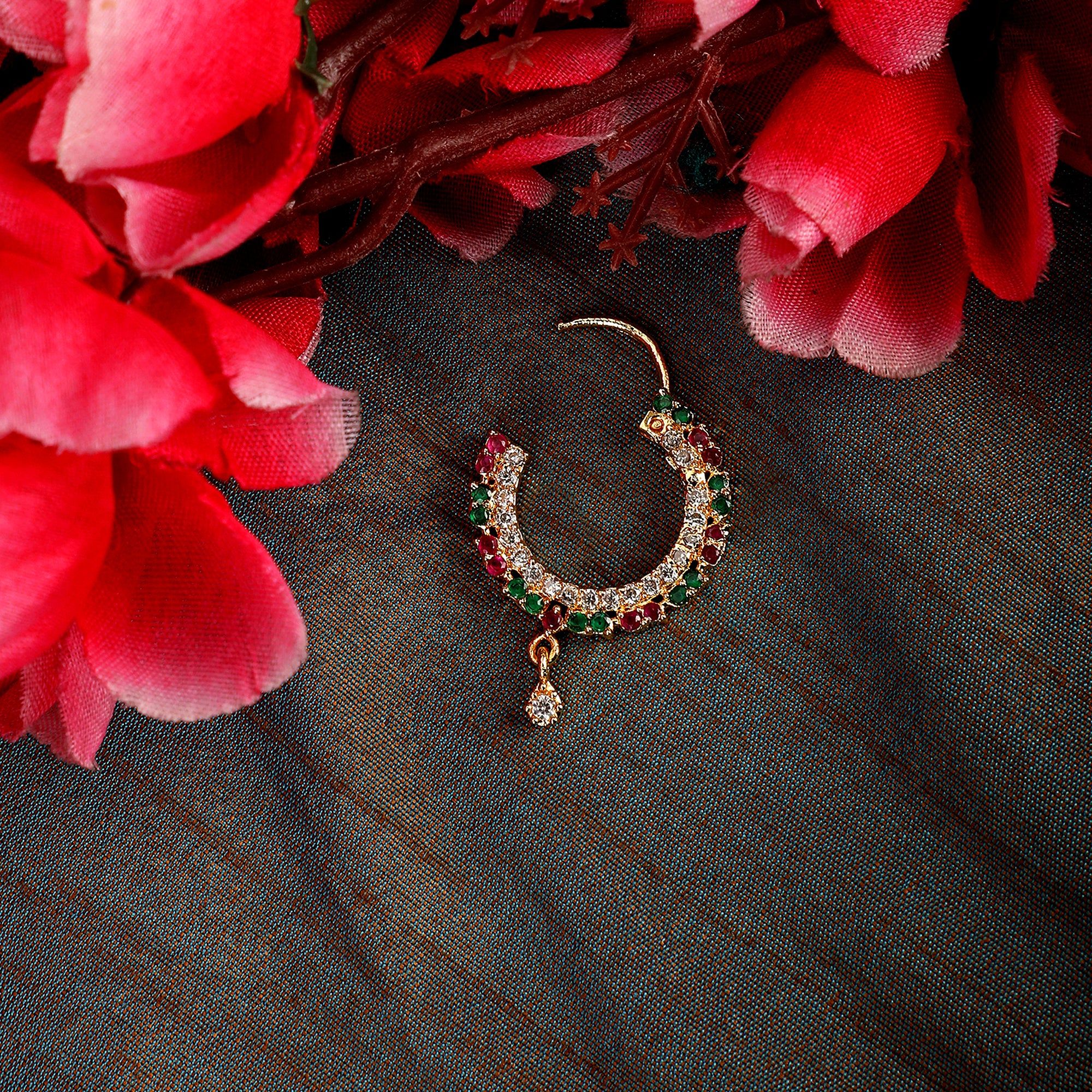 CZ Studded Leaf Nose Pin-Red-Green-White / Gold Plated