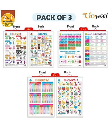 Set of 3 | 2 IN 1 NUMBER & FRACTIONS AND MATHS KEYWORDS, 2 IN 1 COLOURS AND SHAPES AND 2 IN 1 PHONICS 1 AND PHONICS 2 Early Learning Educational Charts for Kids