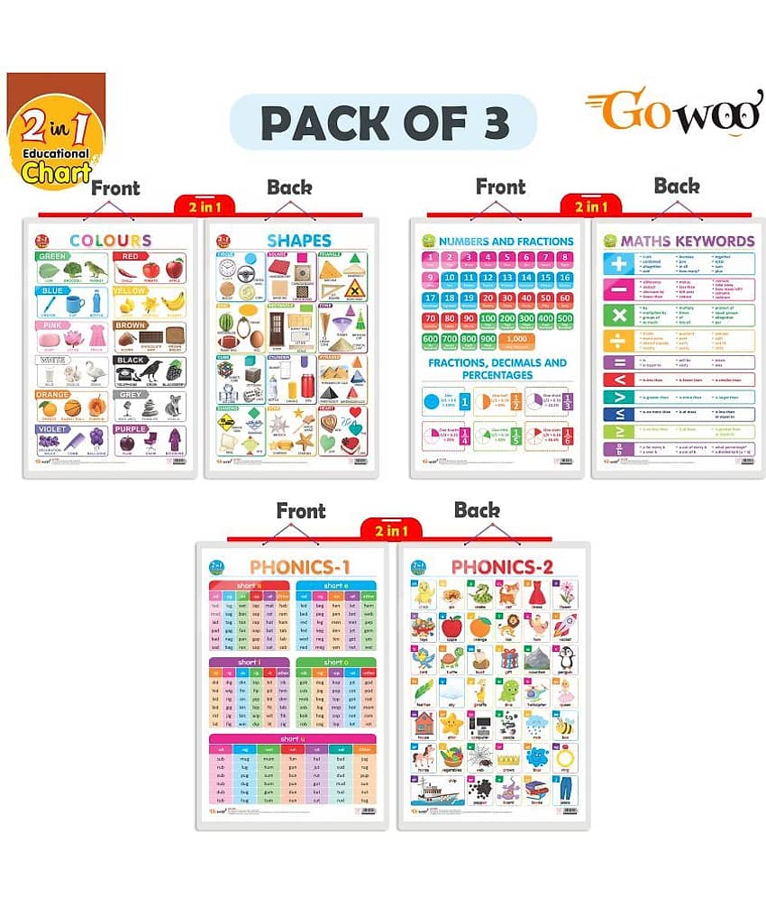 Set of 3 | 2 IN 1 NUMBER & FRACTIONS AND MATHS KEYWORDS, 2 IN 1 COLOURS AND SHAPES AND 2 IN 1 PHONICS 1 AND PHONICS 2 Early Learning Educational Charts for Kids