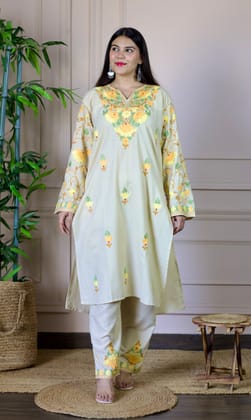 Beige Aari Embroidered Cotton Co-ord Set-S