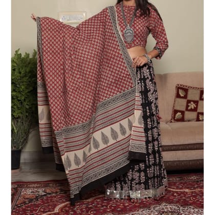 Vivid Blockprinted Cotton Red & Black Lehanga Choli Set-34