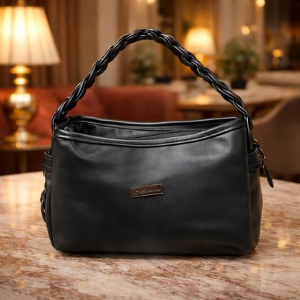 Ksampada Classic Black Braided Handle Shoulder Bag