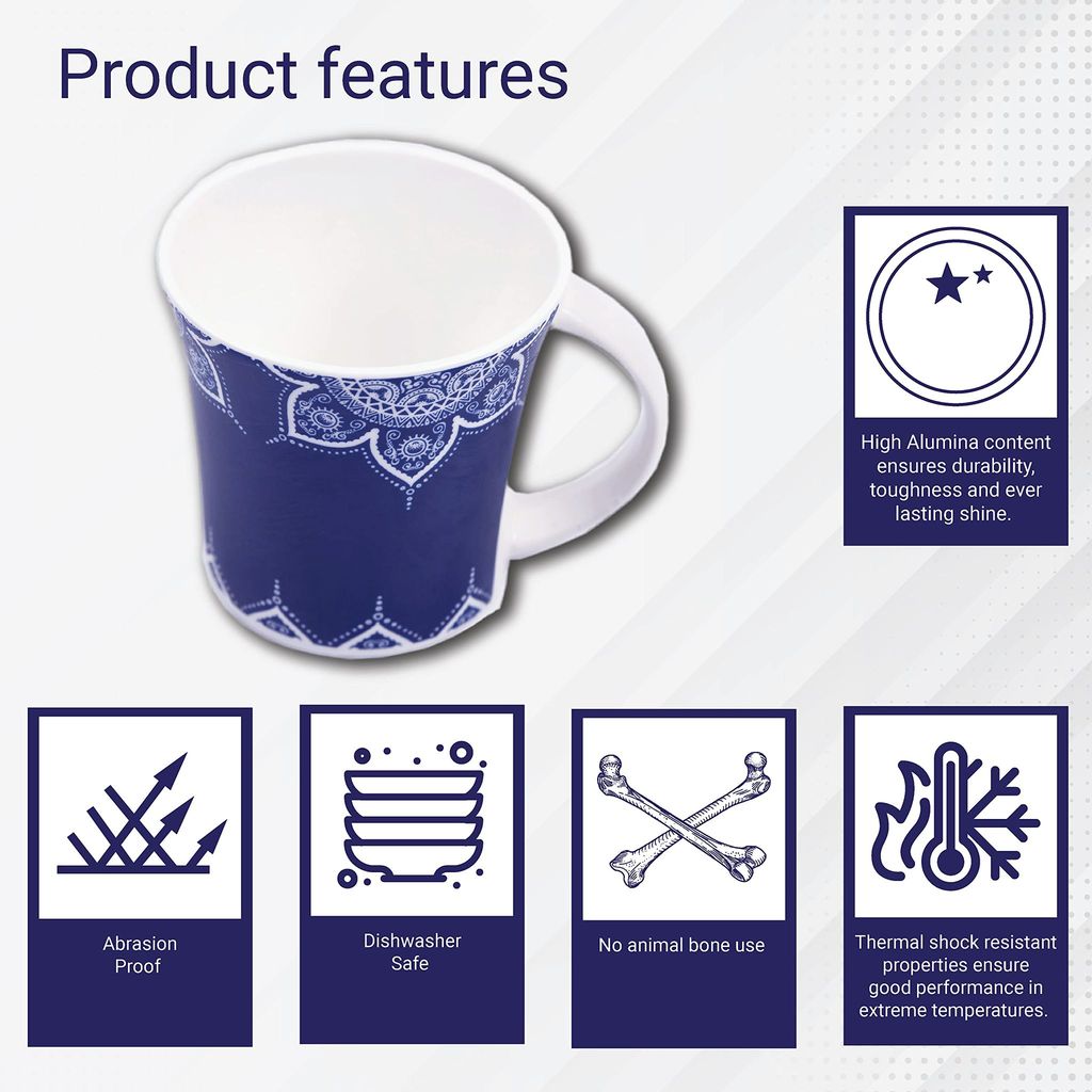 Femora Cosmic Mehendi Tea Cups, Ceramic Tea Cups, Coffee Mugs (160 ml) - 6 Pcs Set (Blue)