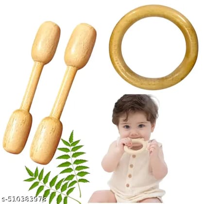 Wholesome Bites  Natural Neem Wood Teether for Happy Gums(2 Dumbbells and 1 Ring)