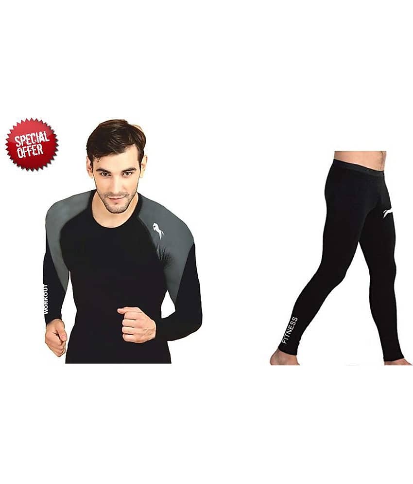 Just Rider Unisex 100% Polyester Compression T-Shirt, Top Full Sleeve & Men Nylon Compression Pants/Tights/Leggings(Pack of 2)